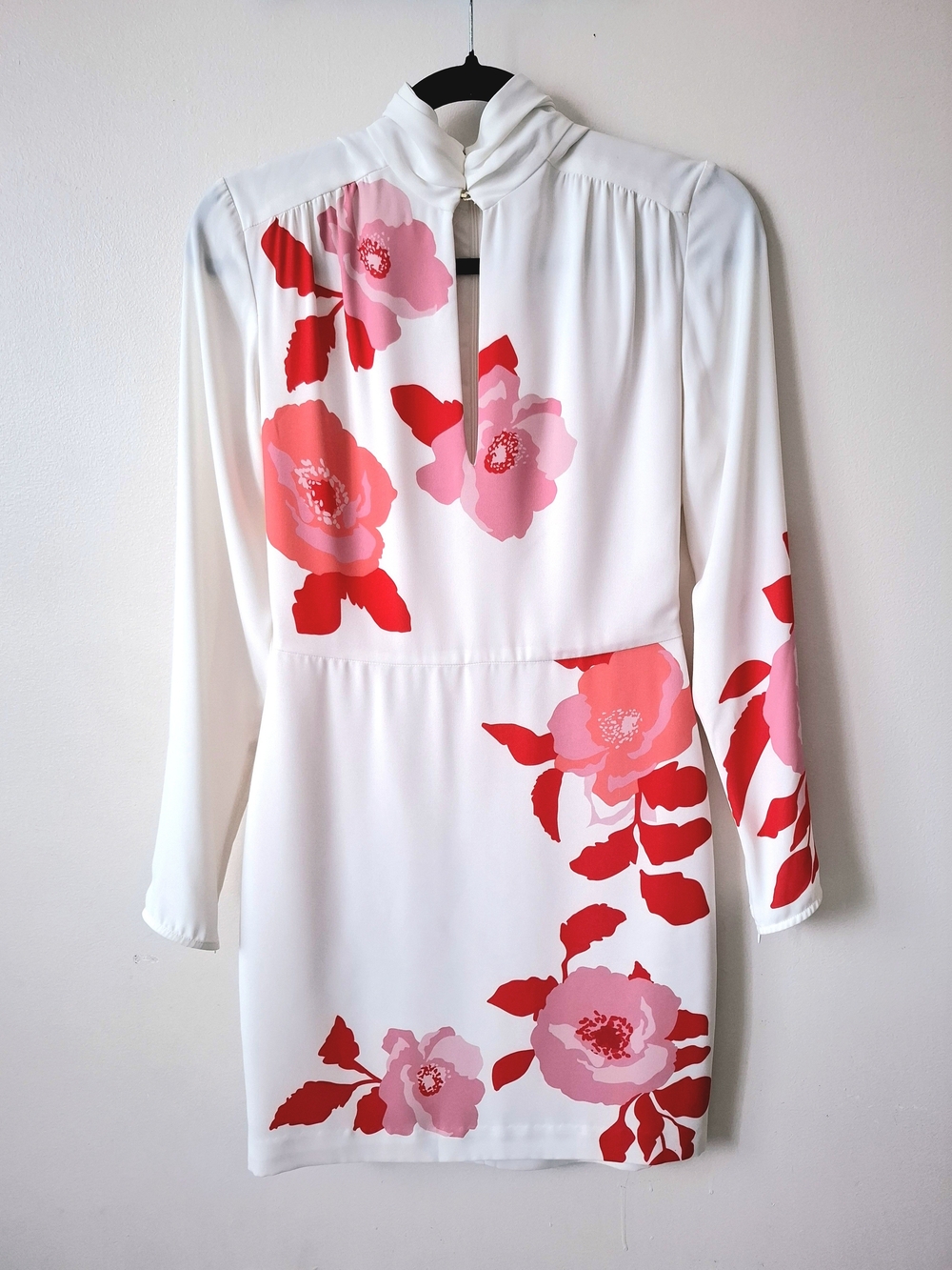 White Floral Long-Sleeve Mini Dress - Pink & Red Blossoms